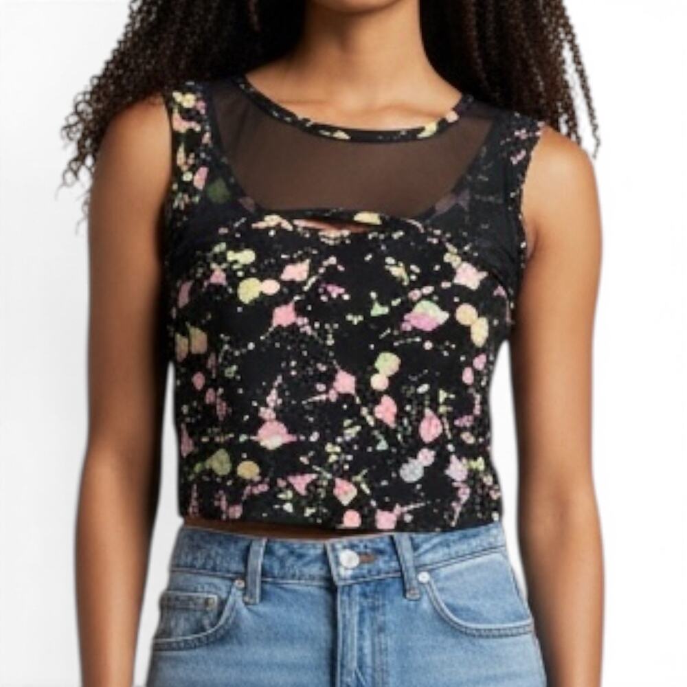 Feathers Women's Black & Neon Splatter Print Mesh & Fabric Cropped Tank Size S
